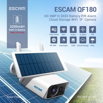 ESCAM QF180 H.265 3MP беспроводное Обнаружение Движения PIR ночная версия Облачное хранилище Twoway аудио 128 Г Солнечная Батарея Камера IP66