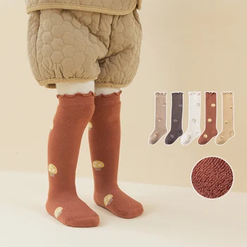 Детские зимние утепленные носки, Чулки Для Новорожденных, Однотонные Кружевные носки для маленьких девочек, Теплые махровые гольфы до колена, Товары для малышей от 0 до 3 лет