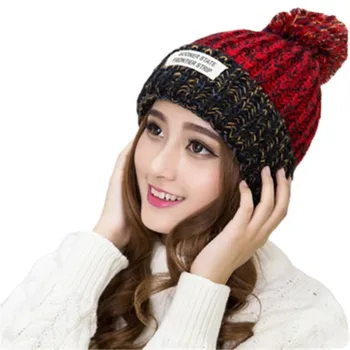 Модная женская зимняя теплая шапка-бини контрастного ЦВЕТА, вязаная крючком, Корейский стиль, Вязаная шерстяная шапка Skullies Beanies
